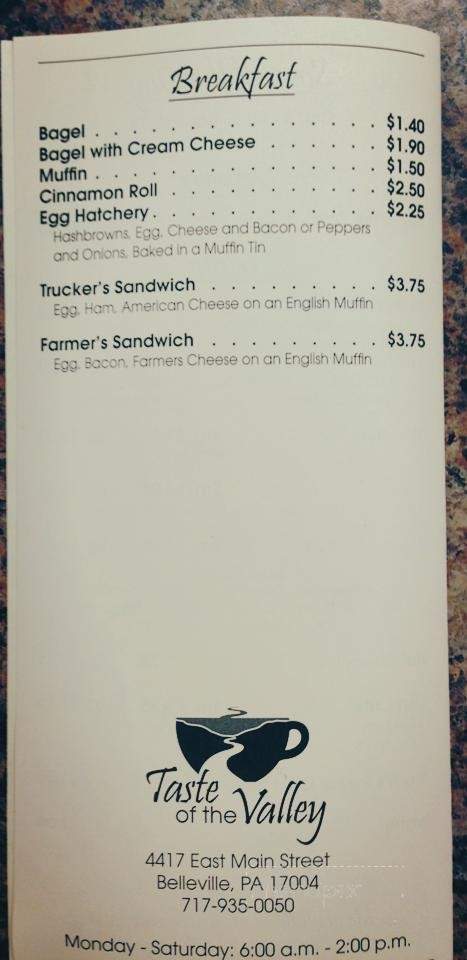 Taste of the Valley - Belleville, PA menu_pic