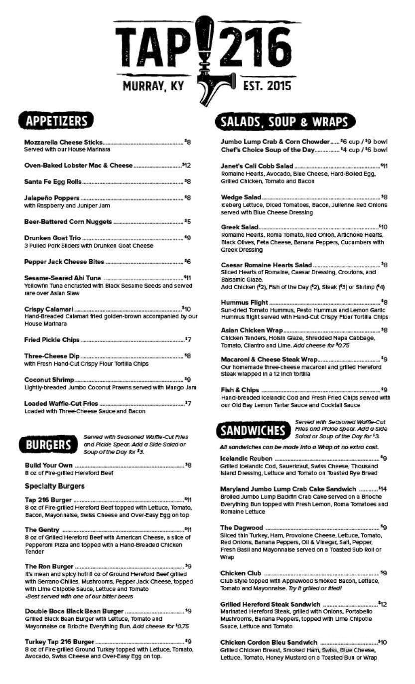 Menu of tap 216 in murray ky 42071