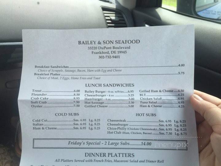 Menu of Bailey's Seafood in Frankford, DE 19945