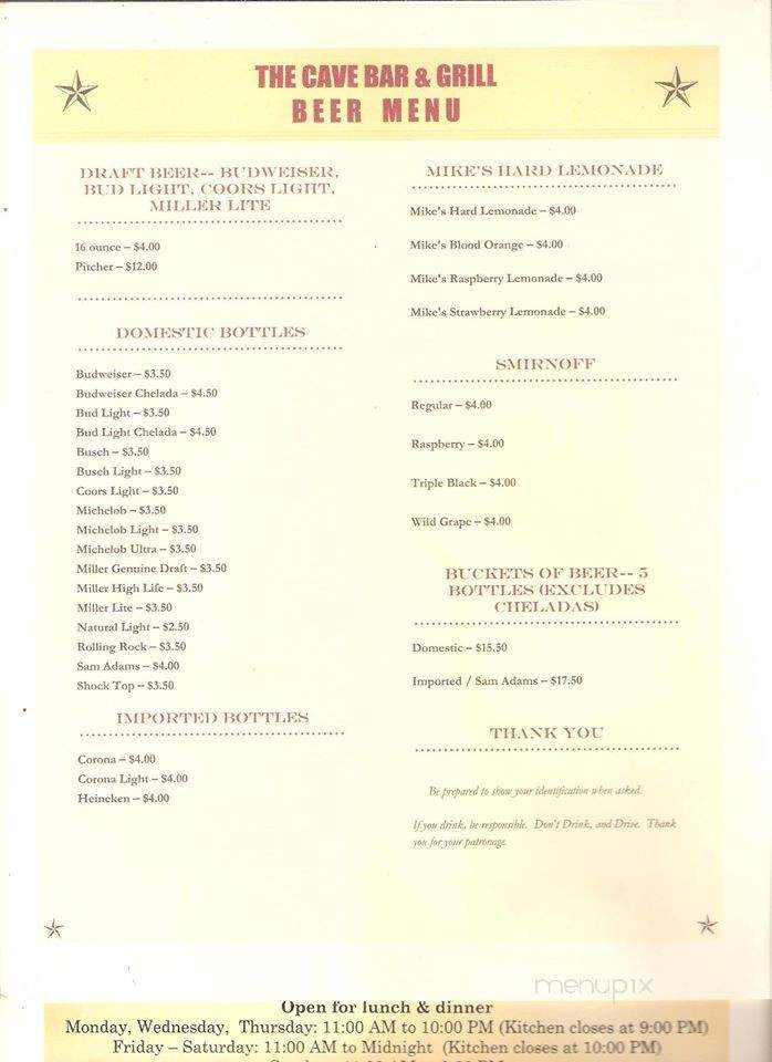 The Cave Bar and Grill - Lanagan, MO menu_pic