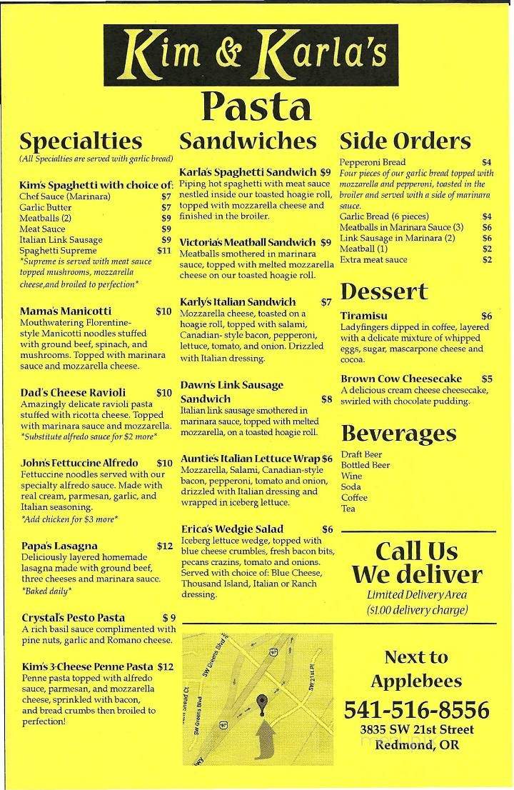 Kim and Karla's Pasta - Redmond, OR menu_pic