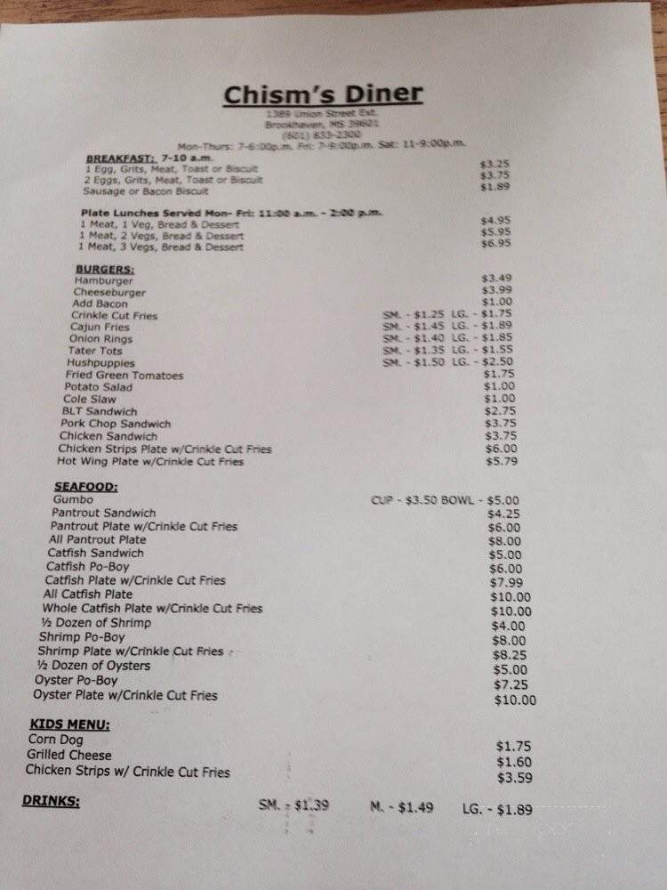 Chism's Diner - Brookhaven, MS menu_pic