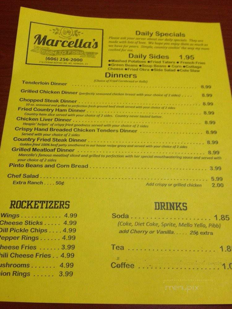 Menu of Marcella's Farm to Fork in Mount Vernon, KY 40456