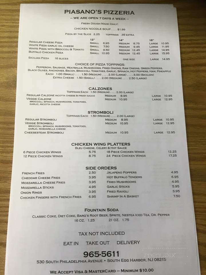 Piasano's Pizzeria - Egg Harbor City, NJ menu_pic