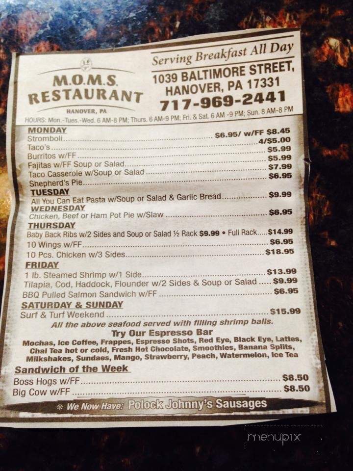 MOMS Restaurant - Hanover, PA menu_pic