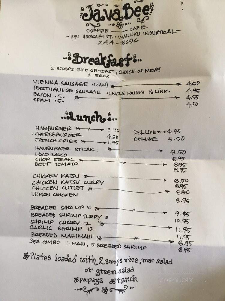 Java Bee Coffee - Wailuku, HI menu_pic