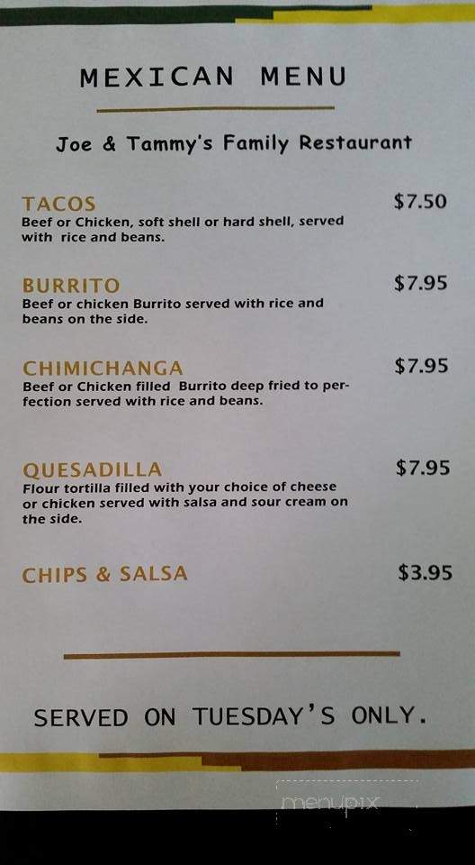 Joe & Tammy's Family Restaurant - Harvard, IL menu_pic