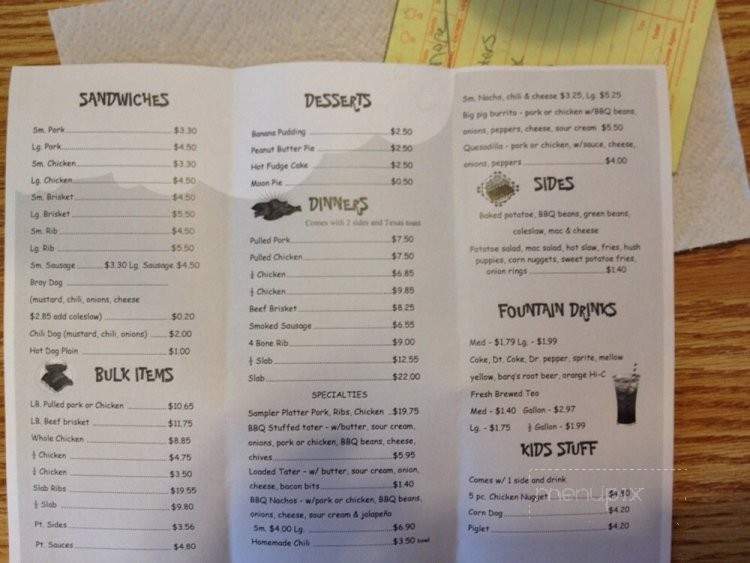 Bray's BBQ - Oliver Springs, TN menu_pic