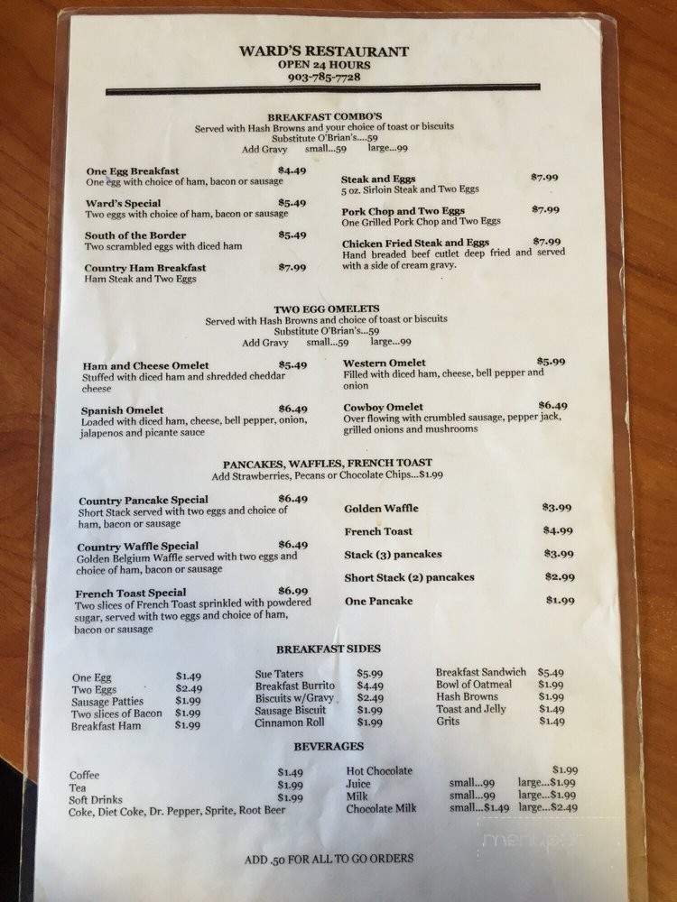 Ward's Sunriser - Paris, TX menu_pic