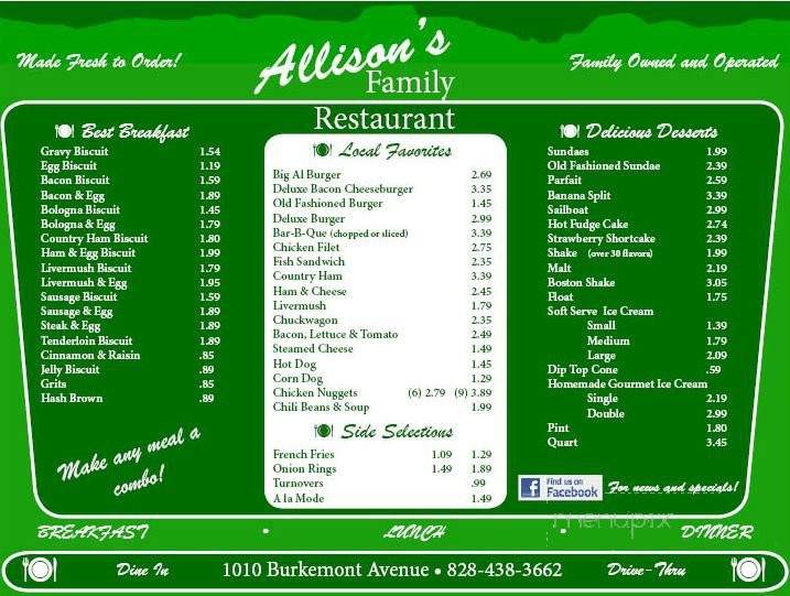 Allison's Family Restaurant - Morganton, NC menu_pic