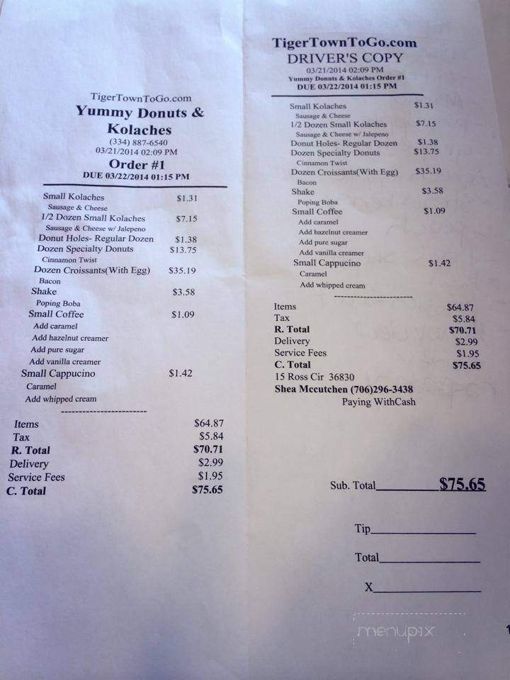 Yummy Donuts and Kolaches - Auburn, AL menu_pic