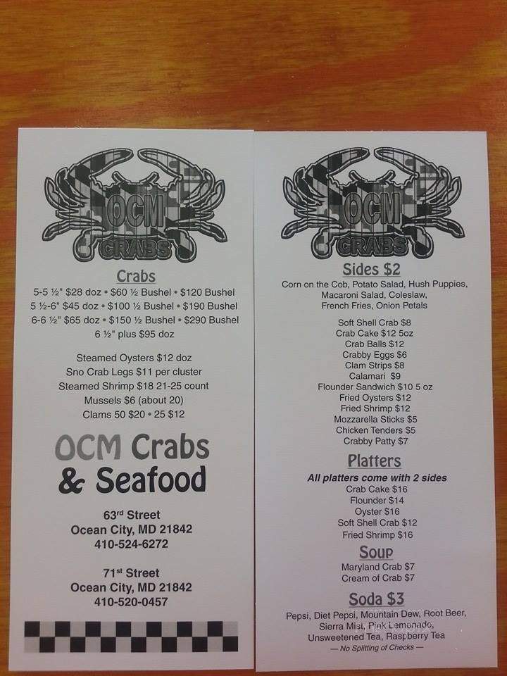 Menu of OCM Crabs in Ocean City, MD 21842