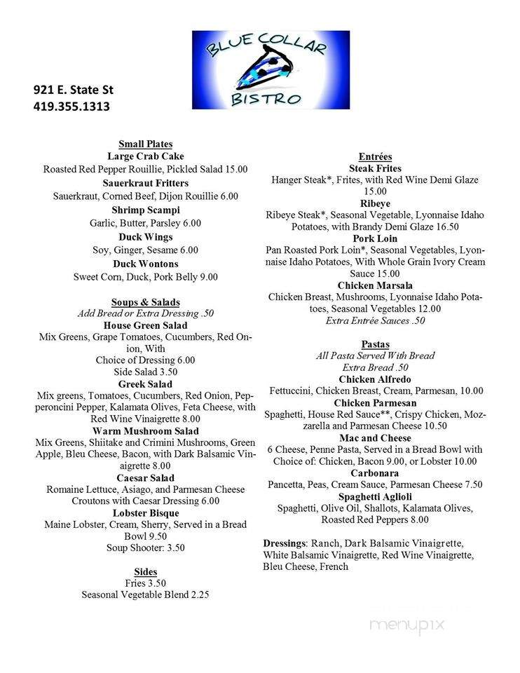 Blue Collar Bistro - Clyde, OH menu_pic