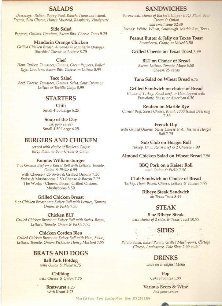 Marlene's Restaurant - Williamsburg, MO menu_pic