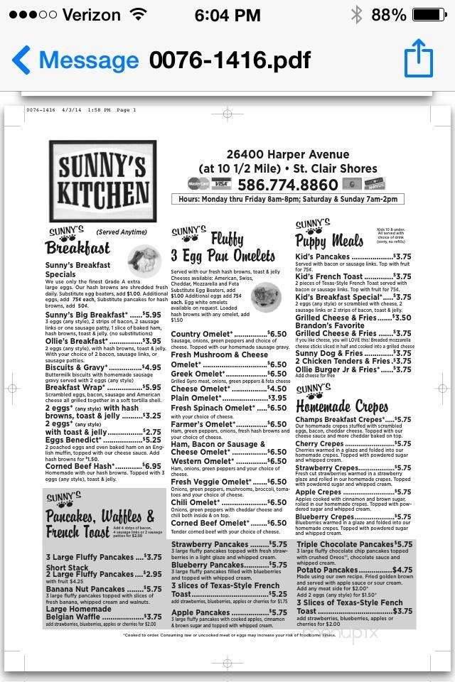 Menu Of Sunny S Kitchen In St Clair Shores Mi 48081