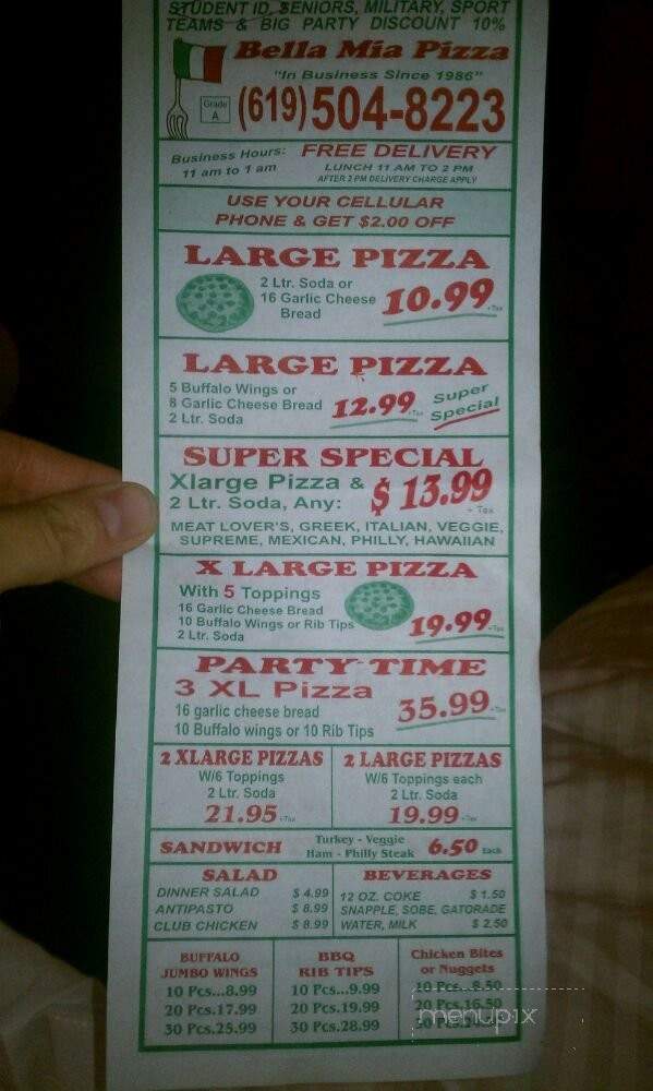 Bella Mia Pizza - San Diego, CA menu_pic