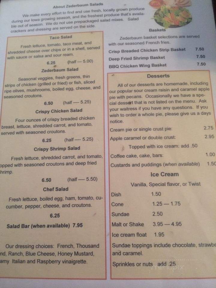 Zederbaum Restaurant - Hubbard, IA menu_pic