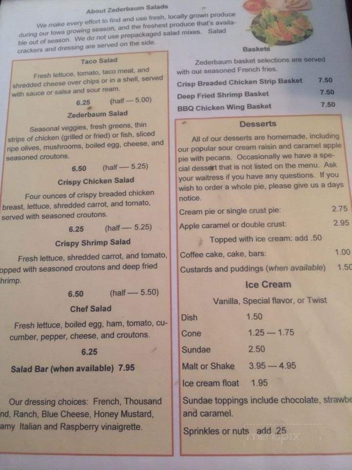 Zederbaum Restaurant - Hubbard, IA menu_pic