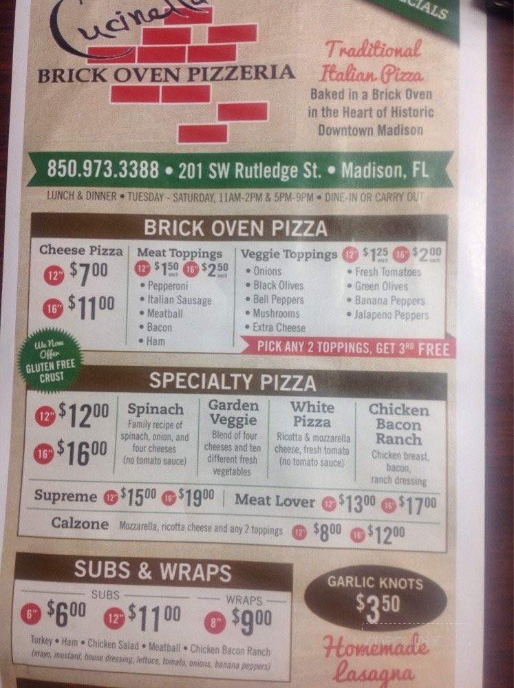 Cucinella's Brick Oven Pizzeria - Madison, FL menu_pic