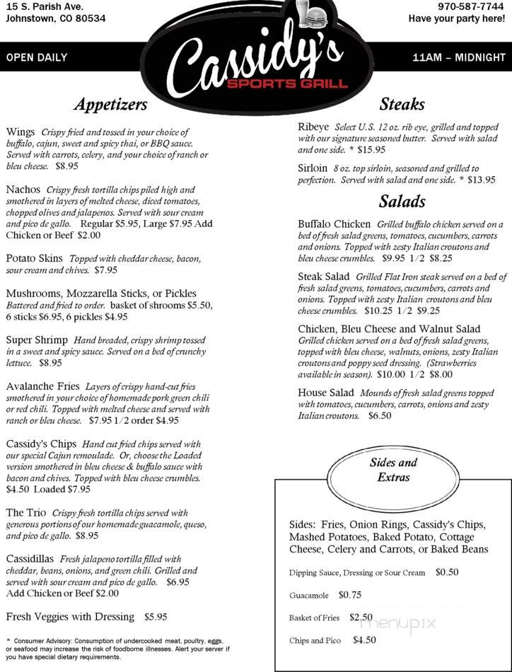 Cassidy's Sports Grill - Johnstown, CO menu_pic