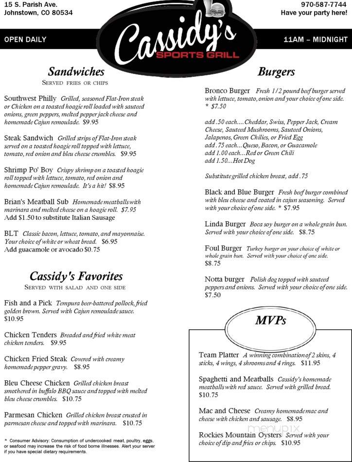 Cassidy's Sports Grill - Johnstown, CO menu_pic