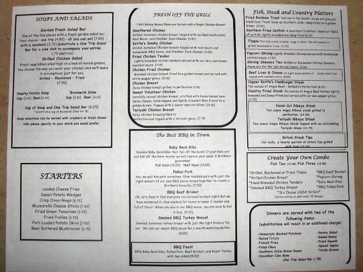 Brother's Copper Kettle Restaurant - Copperhill, TN menu_pic