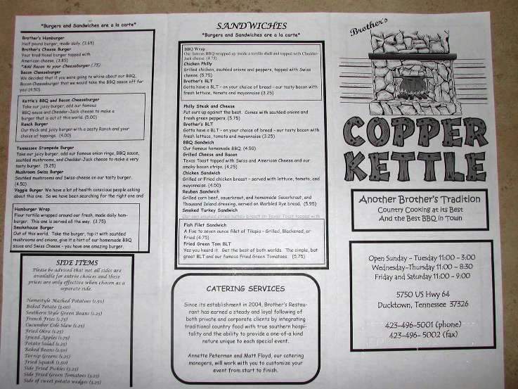 Brother's Copper Kettle Restaurant - Copperhill, TN menu_pic