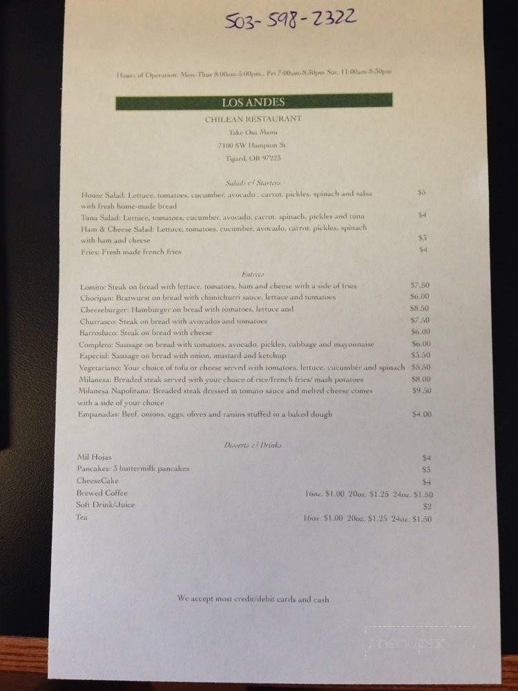 Los Andes Restaurant - Tigard, OR menu_pic