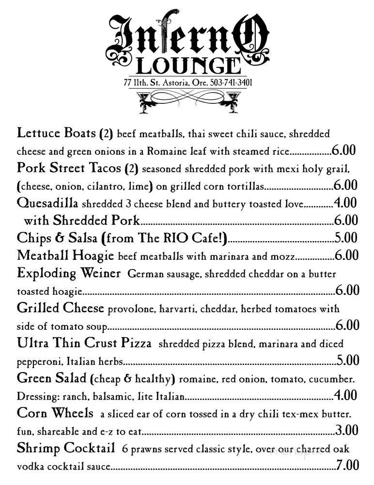 Inferno Lounge - Astoria, OR menu_pic