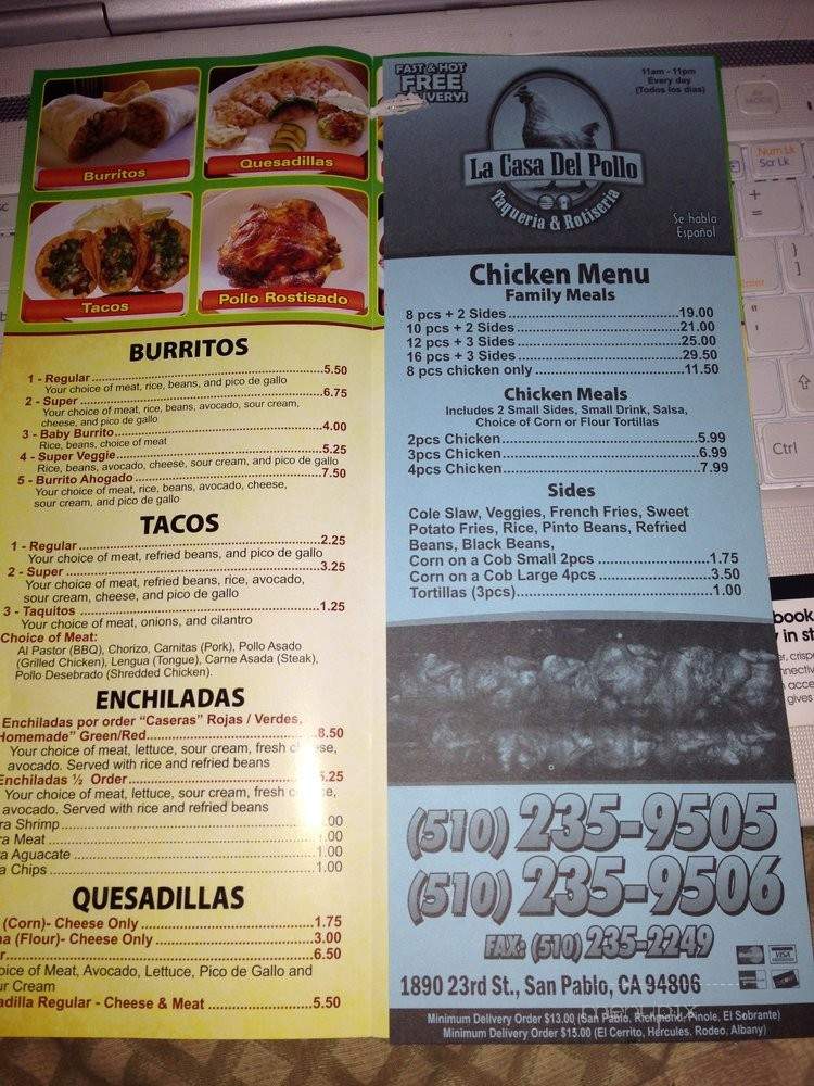 La Casa Del Pollo - San Pablo, CA menu_pic