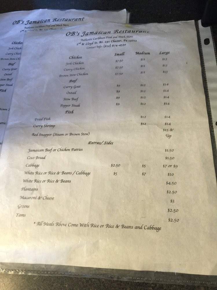 Ob's Jamaican Restaurant - Chester, PA menu_pic