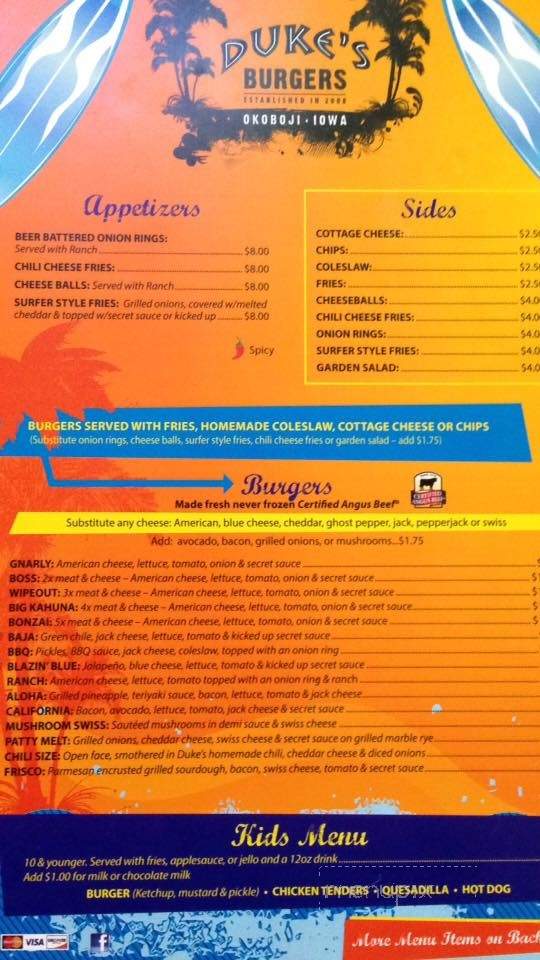 Duke's Burgers of Okoboji - Arnolds Park, IA menu_pic