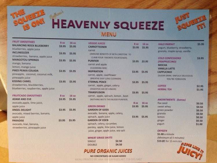 Heavenly Squeeze - Manitou Springs, CO menu_pic