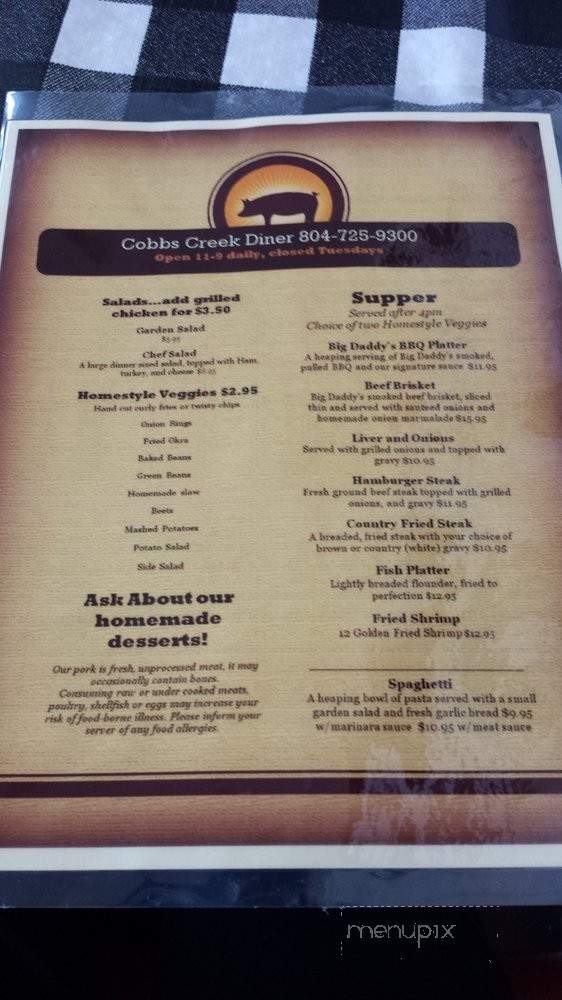 Cobbs Creek Diner - Cobbs Creek, VA menu_pic