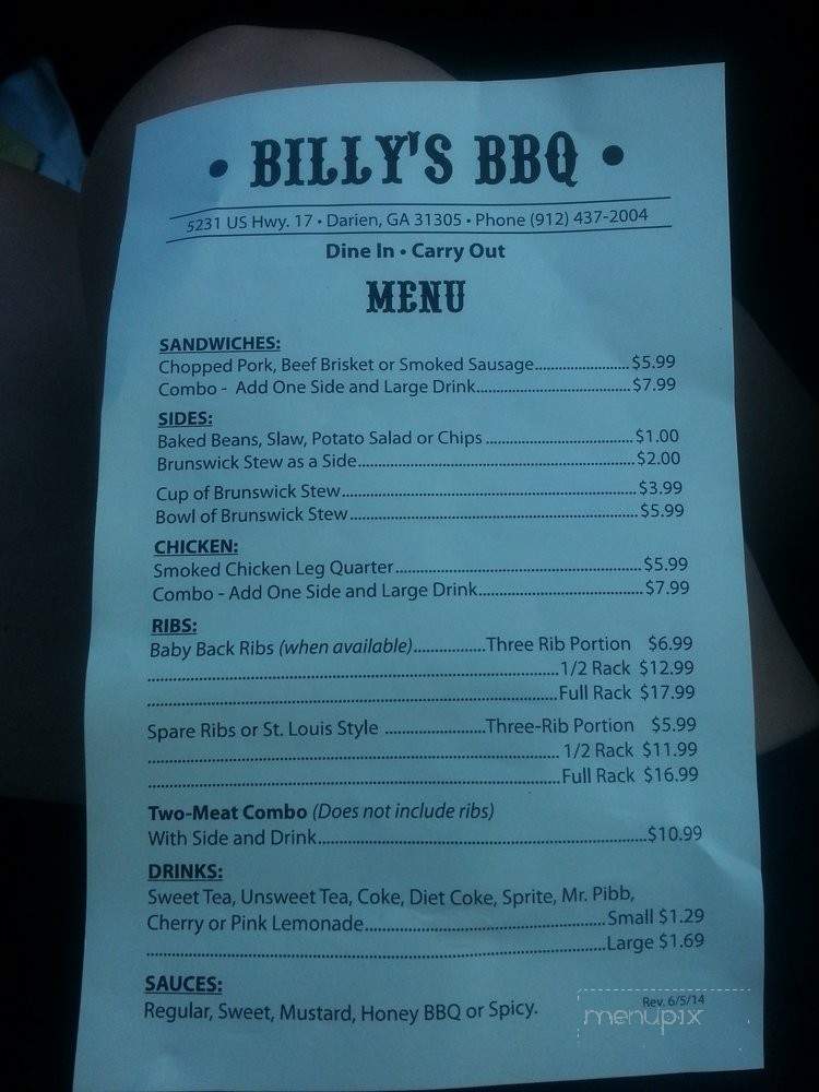 Billy's BBQ - Darien, GA menu_pic