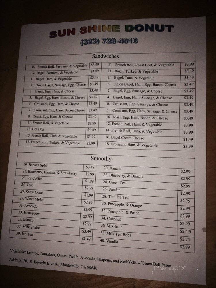 Sunshine Donuts - Montebello, CA menu_pic