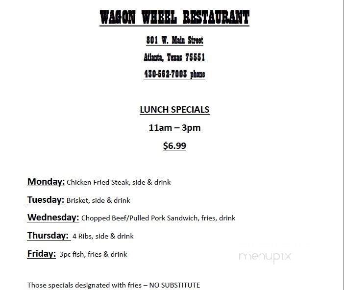 Wagon Wheel Restaurant - Atlanta, TX menu_pic