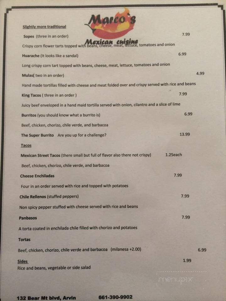 Marco's Mexican Cuisine - Arvin, CA menu_pic