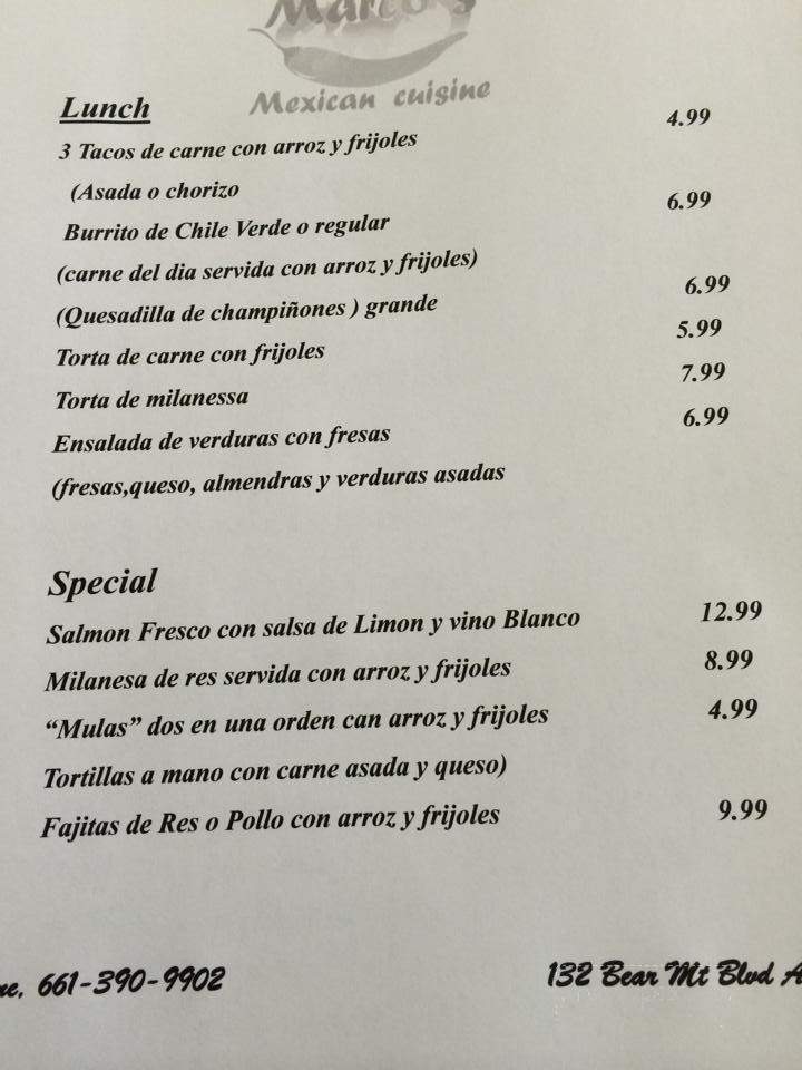 Marco's Mexican Cuisine - Arvin, CA menu_pic