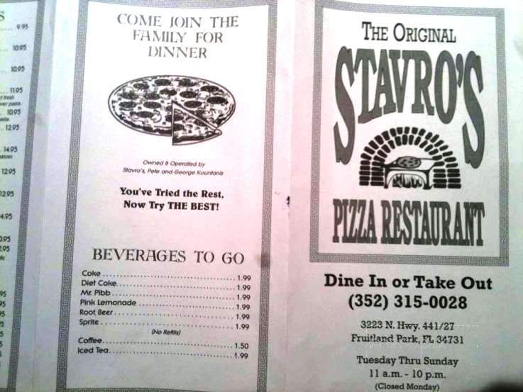 Stavros Original Pizza Restaurant - Fruitland Park, FL menu_pic