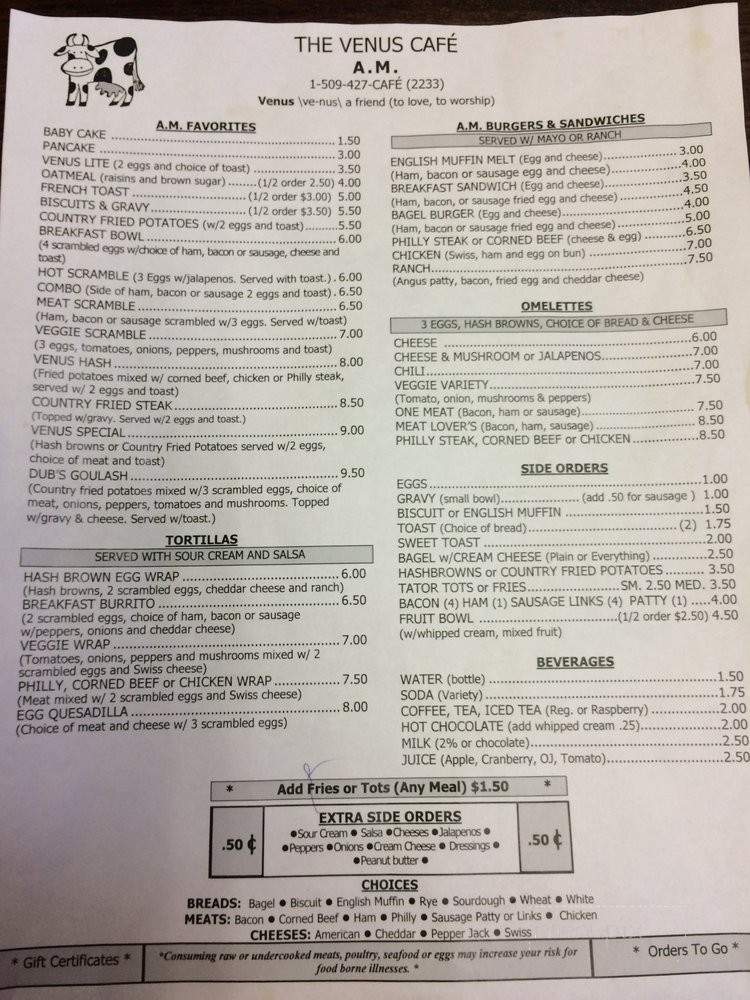 The Venus Cafe - Stevenson, WA menu_pic
