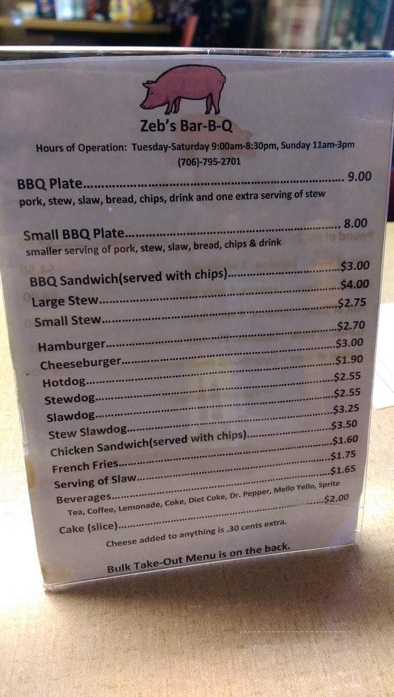 Zeb's BBQ - Danielsville, GA menu_pic