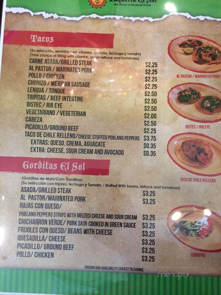 Taqueria El Sol - Marshfield, WI menu_pic