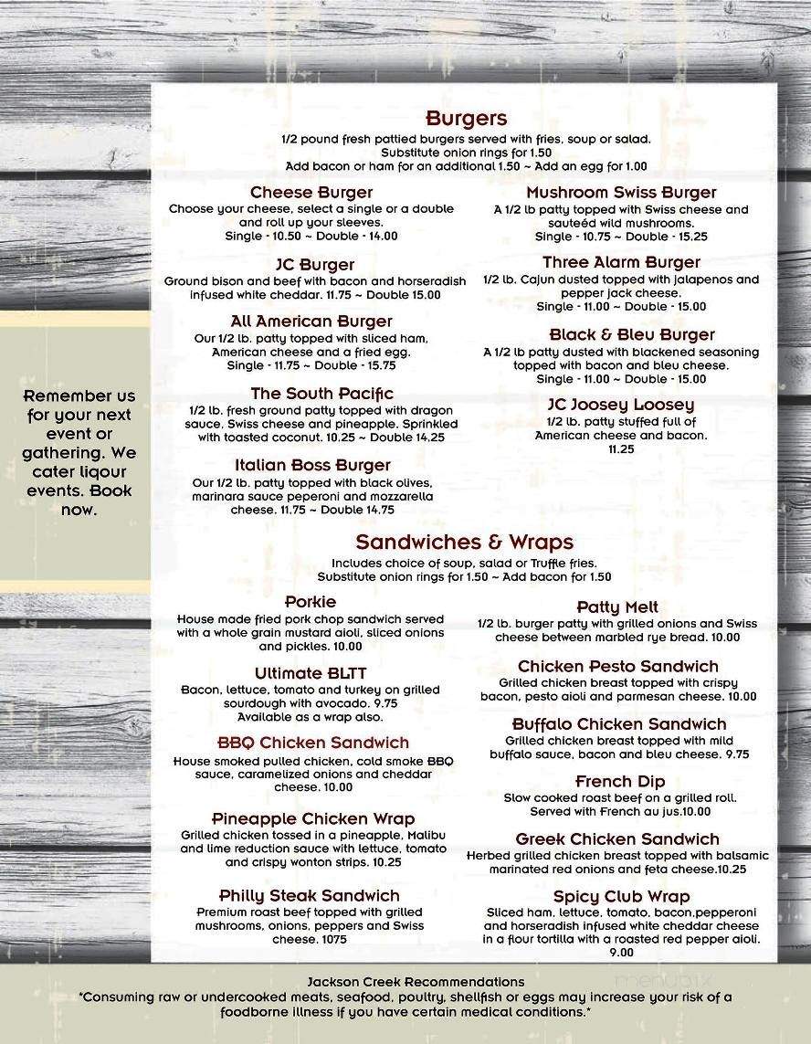 Jackson Creek Bar & Grille - Clancy, MT menu_pic