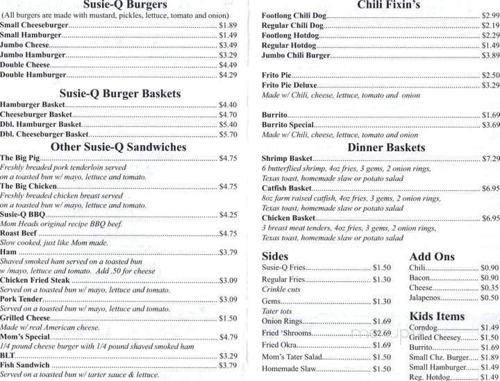 Susie-Q-Malt Shop - Rogers, AR menu_pic
