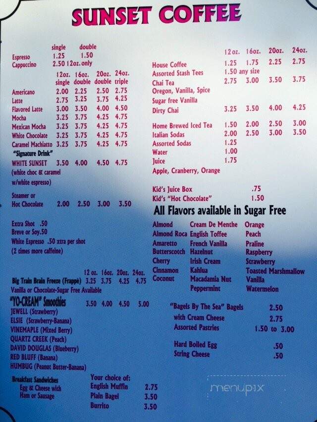 Sunset Coffee - Seaside, OR menu_pic