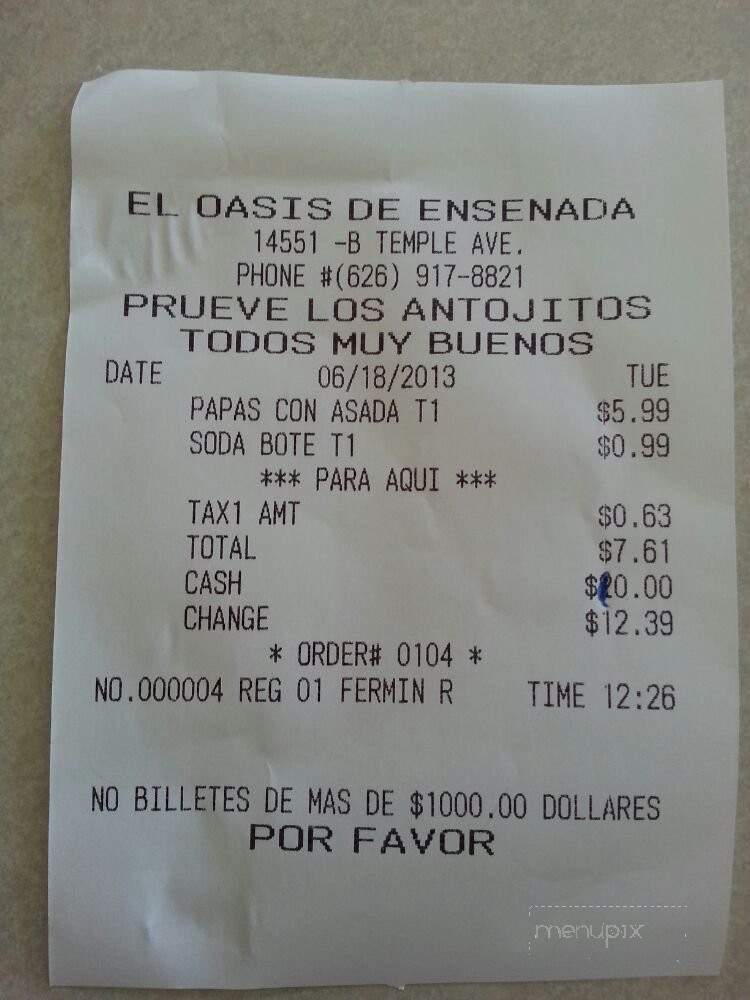 El Oasis De Ensenada - La Puente, CA menu_pic