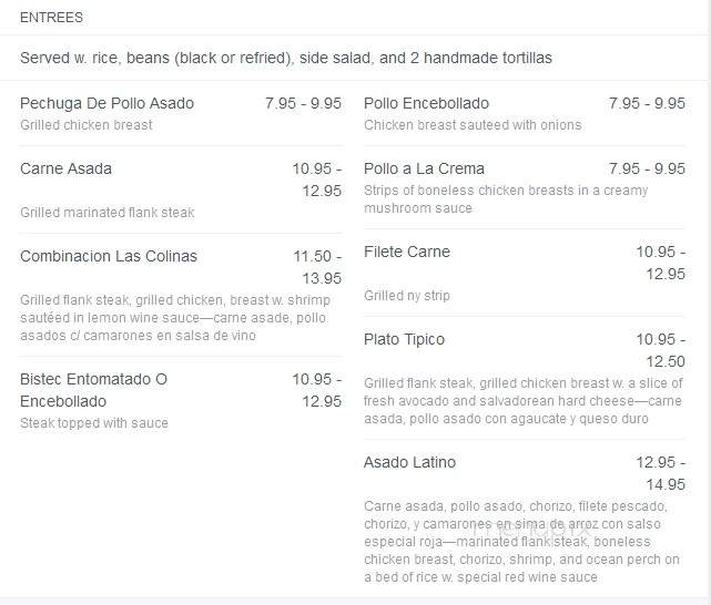 Las Colinas Restaurant - Lorton, VA menu_pic