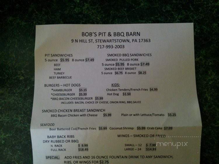 Bob's Pit & BBQ Barn - Stewartstown, PA menu_pic