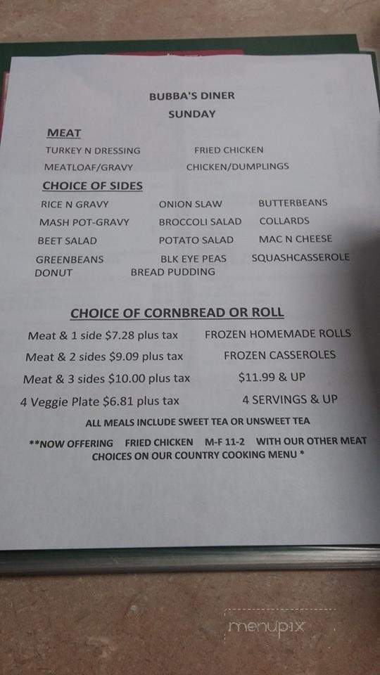Bubba's Diner - Sumter, SC menu_pic